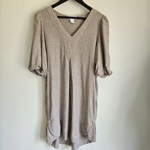 Cynthia Rowley Linen Blend Lagenlook V-Neck Puff Sleeve Loose Dress Taupe, S